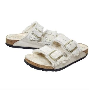 BIRKENSTOCK Arizona Shearling Sandals Sz 8 / 39 Antique White Suede Ivory